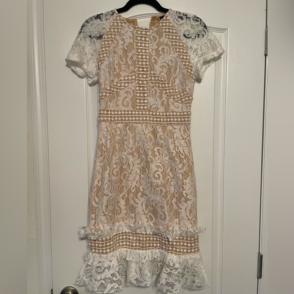 PrettyLittleThing White and Nude Lace Dress Engagement Bridal Shower